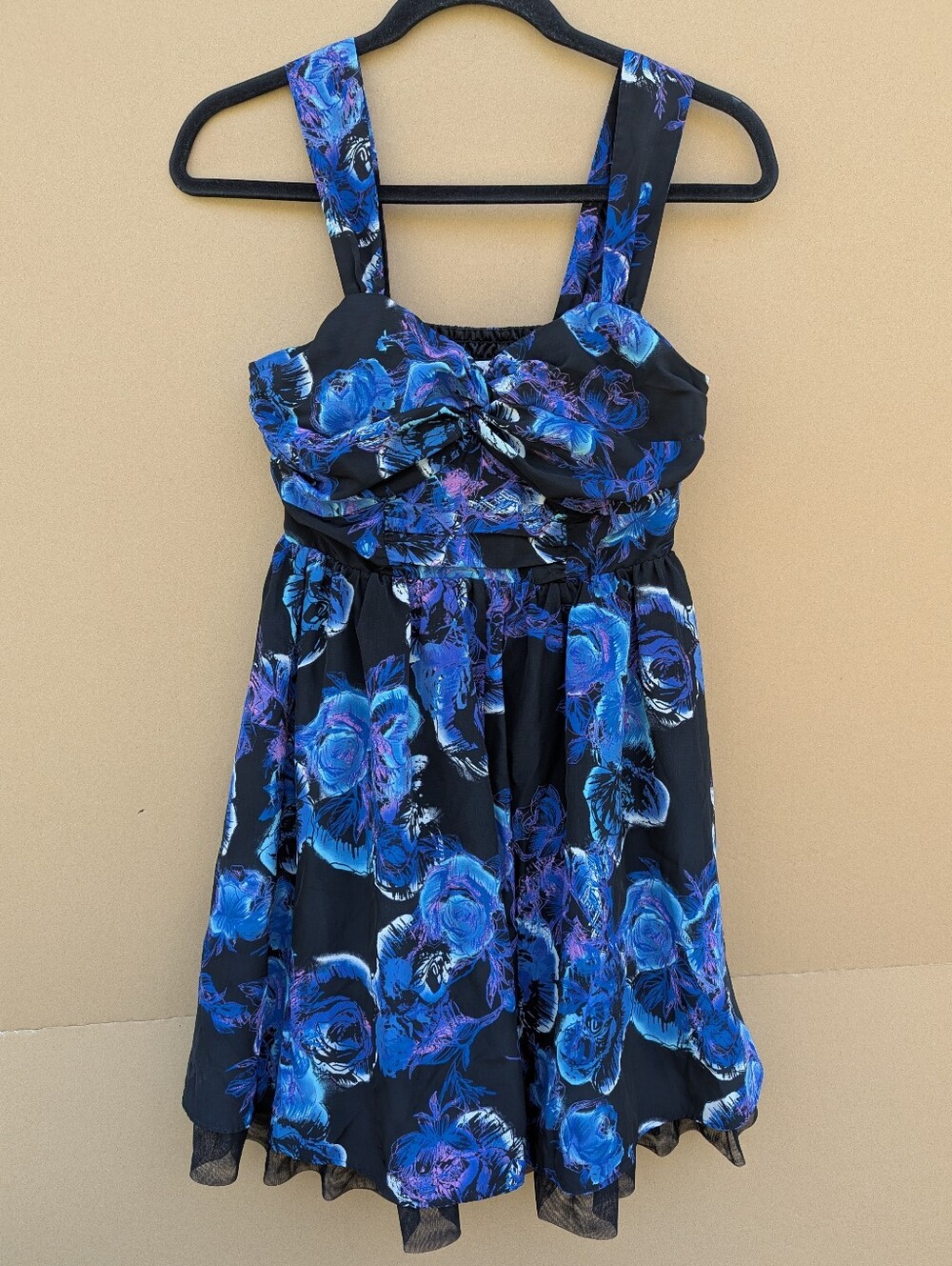 Whimsigoth Floral Fit Flare Mini Dress Black Blue Small Sweetheart Chiffon Tulle